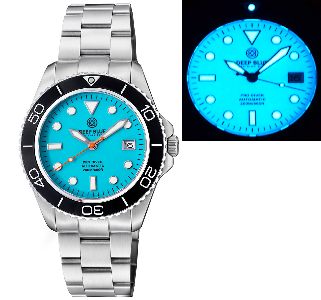 DEEP BLUE PRO DIVER 200 BLUE FULL LUME DIAL 42.5MM AUTOMATIC BRACELET DIVE WATCH