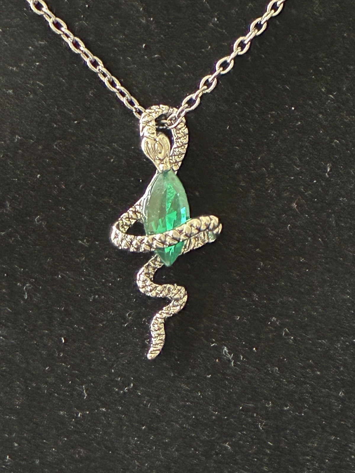 Silver Tone Cable Chain Necklace Snake Charm Pendant Green Teardrop Crystal