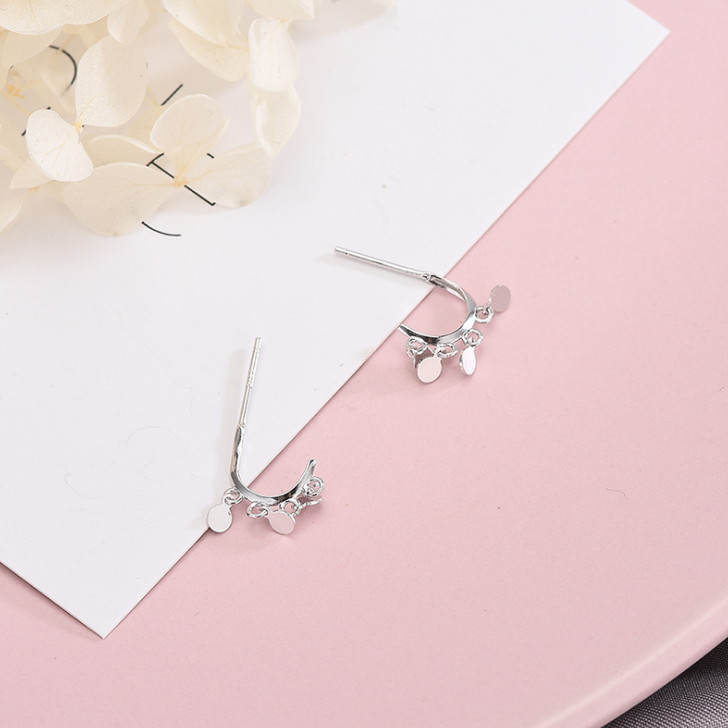 925 Sterling Silver Crescent Moon Round Wafer Tassel Stud Earrings Gift A35