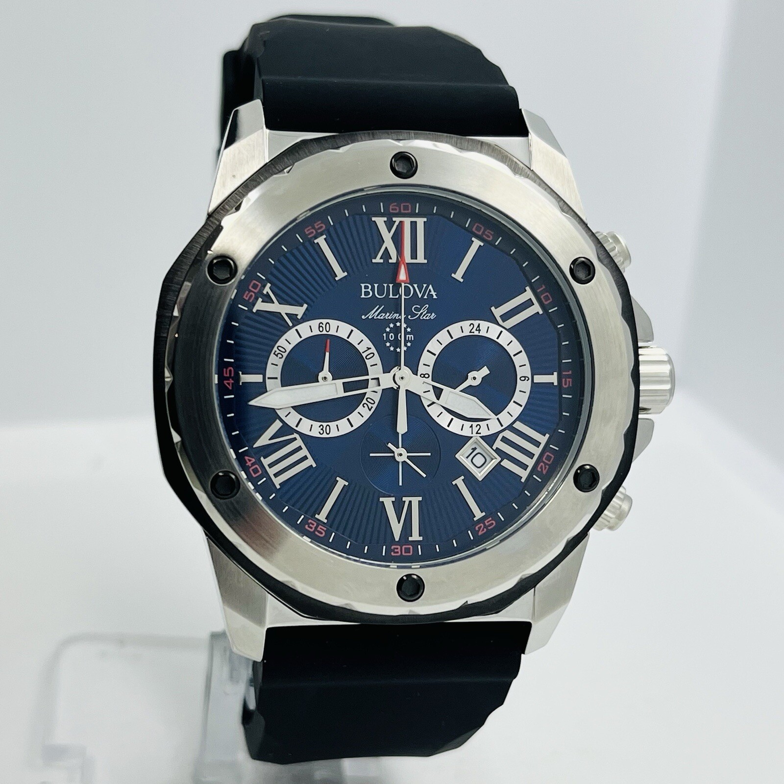 Bulova Marine Star Men’s Chronograph Blue Dial Steel 10ATM 44mm Watch 98B258