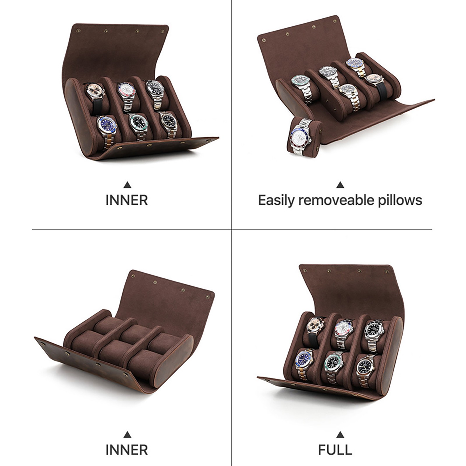 6-Slot Watch Roll Storage Box Genuine Leather Jewellry Display Travel Case NEW