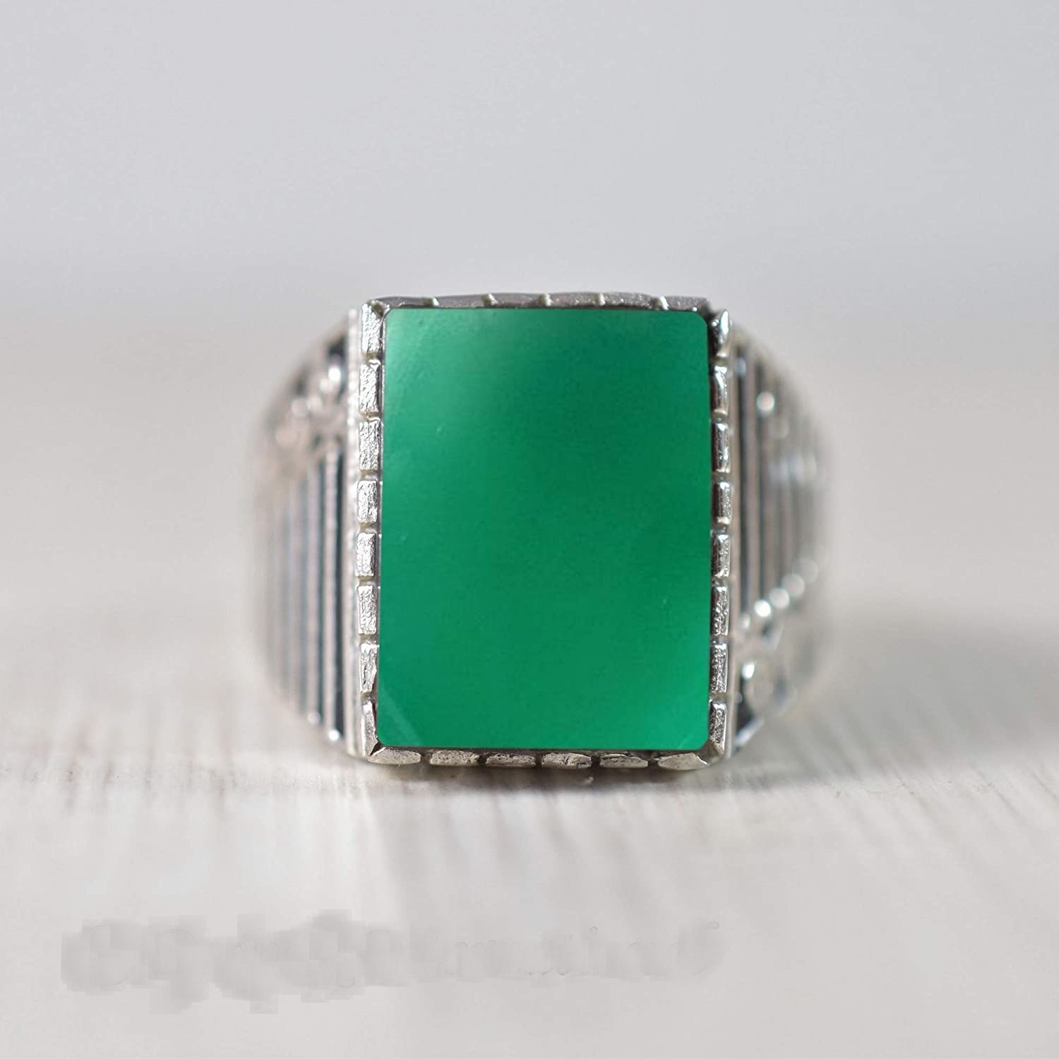 Solid 925 Sterling Silver Natural Green Onyx Gemstone Signet Men’s Unisex Ring