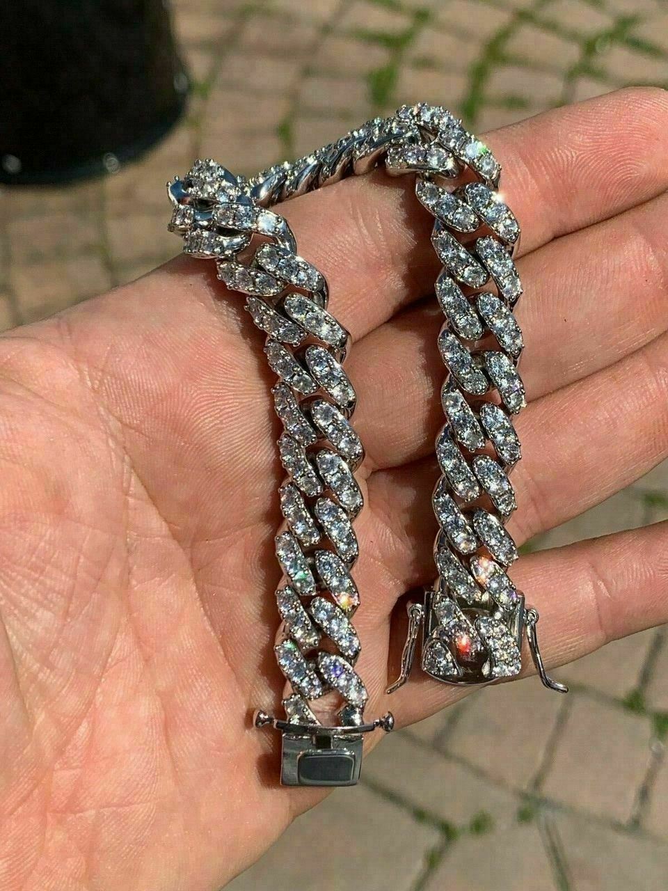 925 Silver Mens Miami Cuban Bracelet Real Iced Moissanite Passes Tester HEAVY