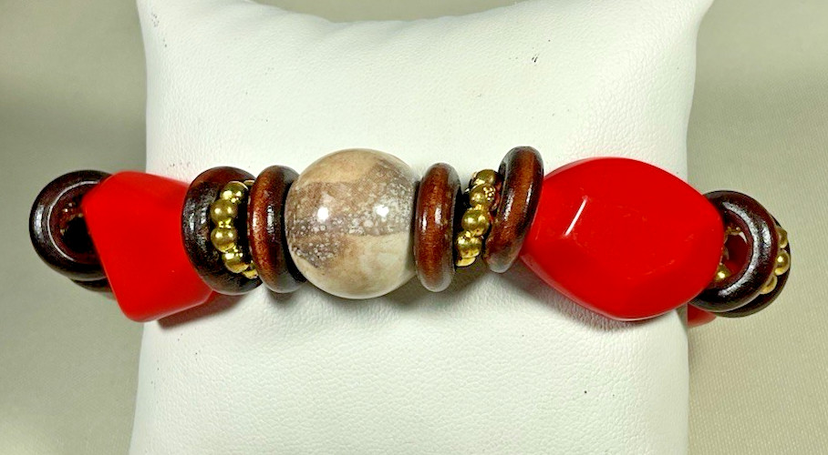 Lot 10 Stretch Bracelets Red Black Silver Tone Beaded Stackable Jewelry Classic
