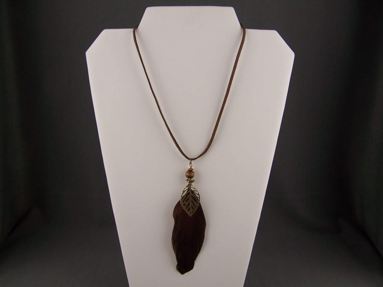 Brown FEATHER brass leaf pendant necklace faux suede