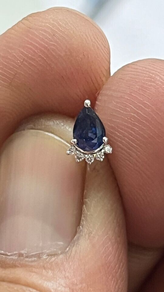 Pear Cut Natural Sapphire & Diamond Solitaire Piercing Stud Pin 14K Yellow Gold
