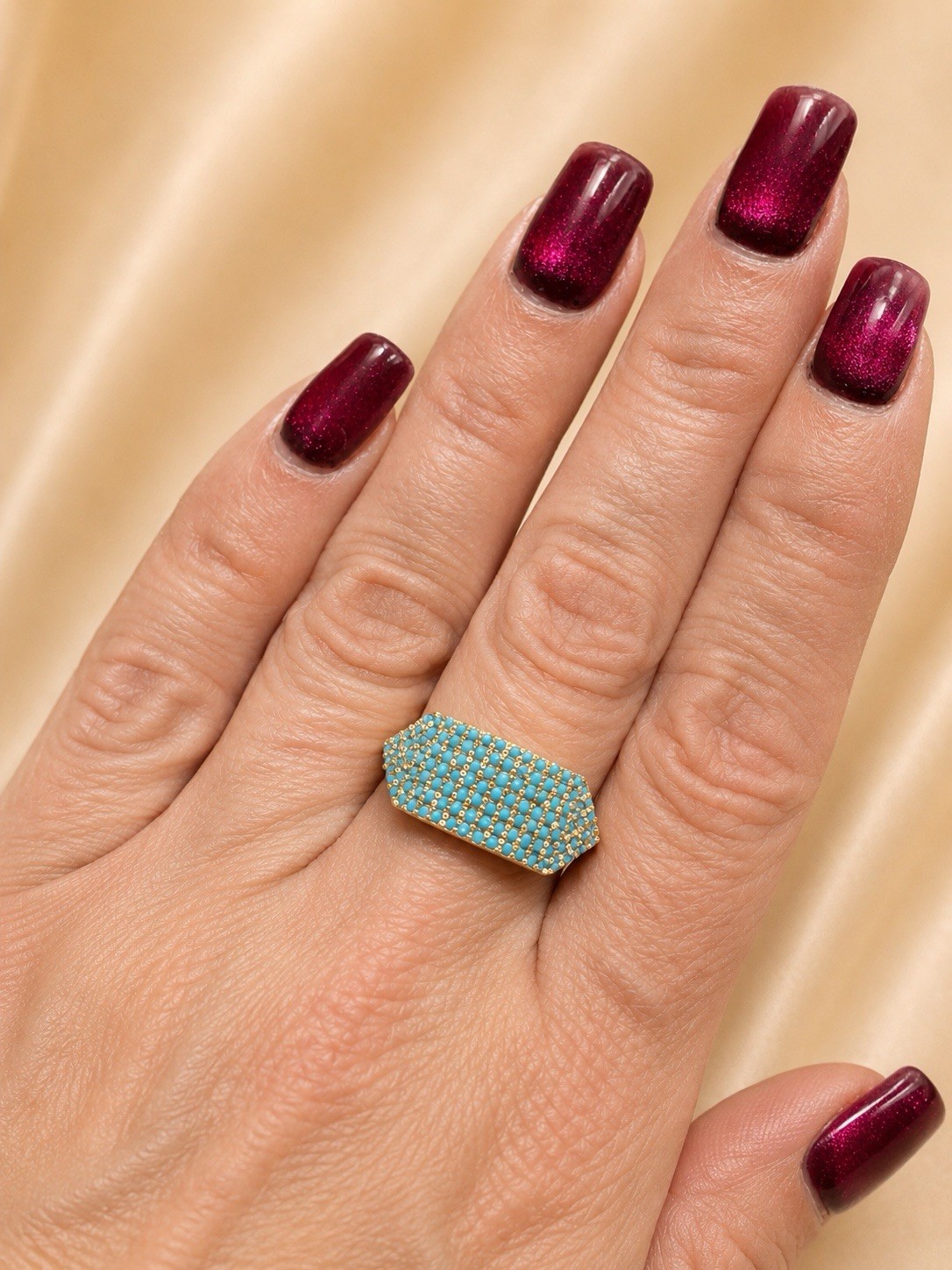 Turquoise Pave Statement Ring Size 7 Gold Tone Wide Band Blue Stone Womens