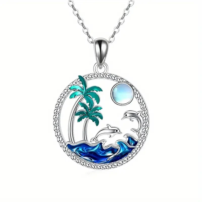 Fashionable Sea Wave Dolphins Round Pendant Necklace Ocean Beach Inspired Gift