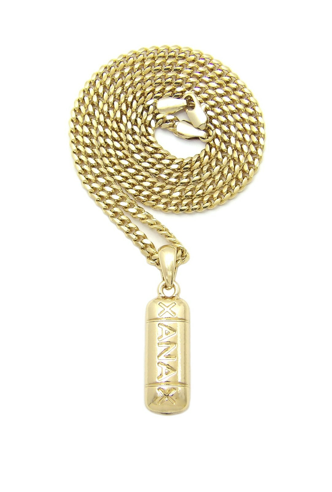 Hip Hop Gold Plated XANAX Pill Pendant & 24″ Box, Cuban, Rope Chain Necklace