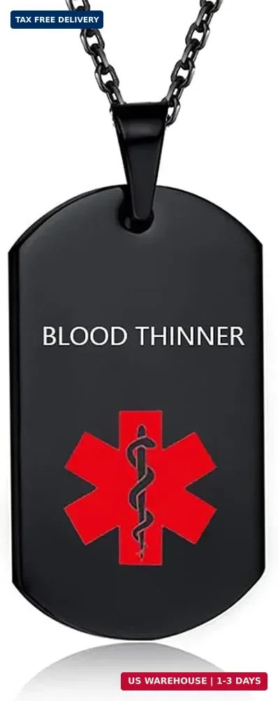 BLOOD THINNER Medical Alert Necklace Black Engraved Stainless Steel Medical ID T