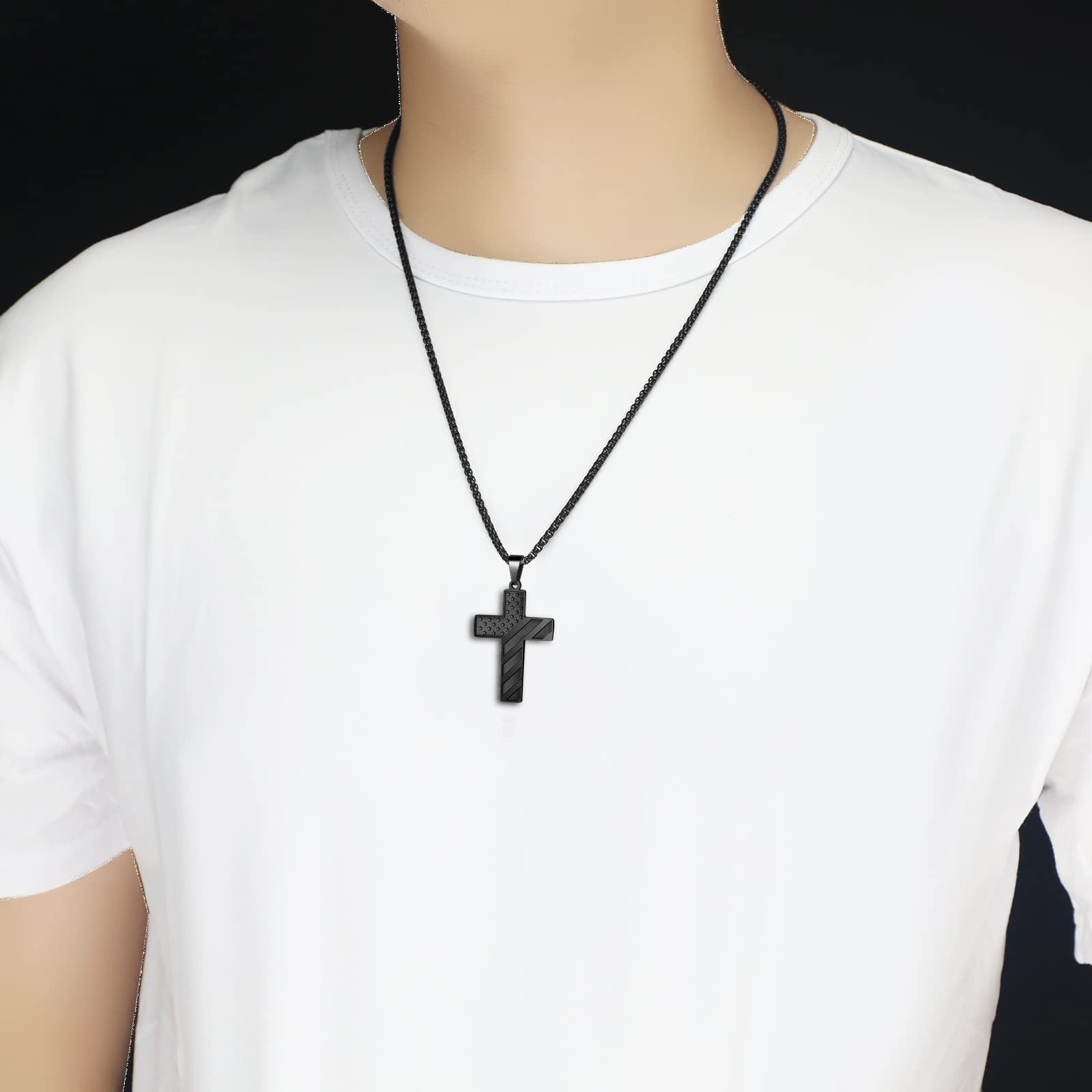 American Flag Cross Necklace for Men Stainless Steel Chain 24inch Bible Verse…