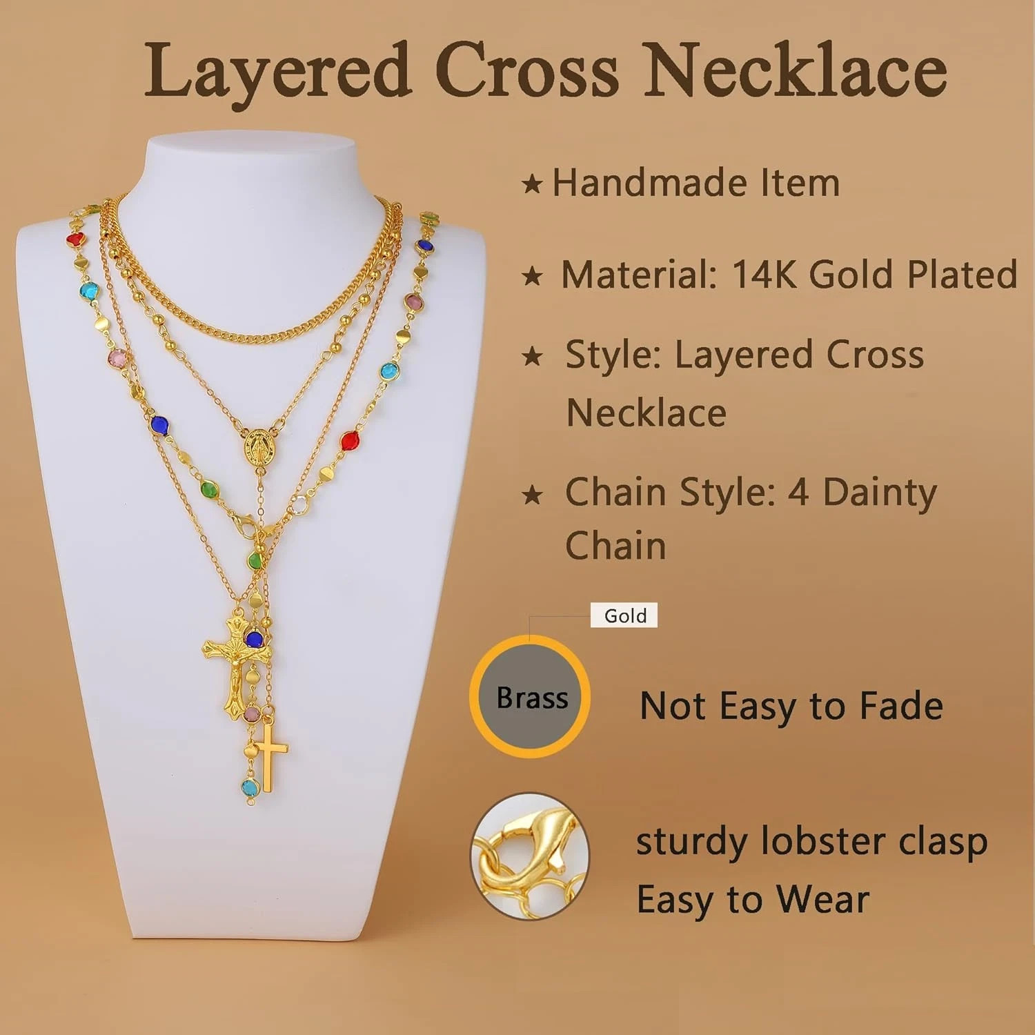 4PCS Layered Gold Cross Necklaces for Women Trendy, Bohemian Bead Pearl Y Long P
