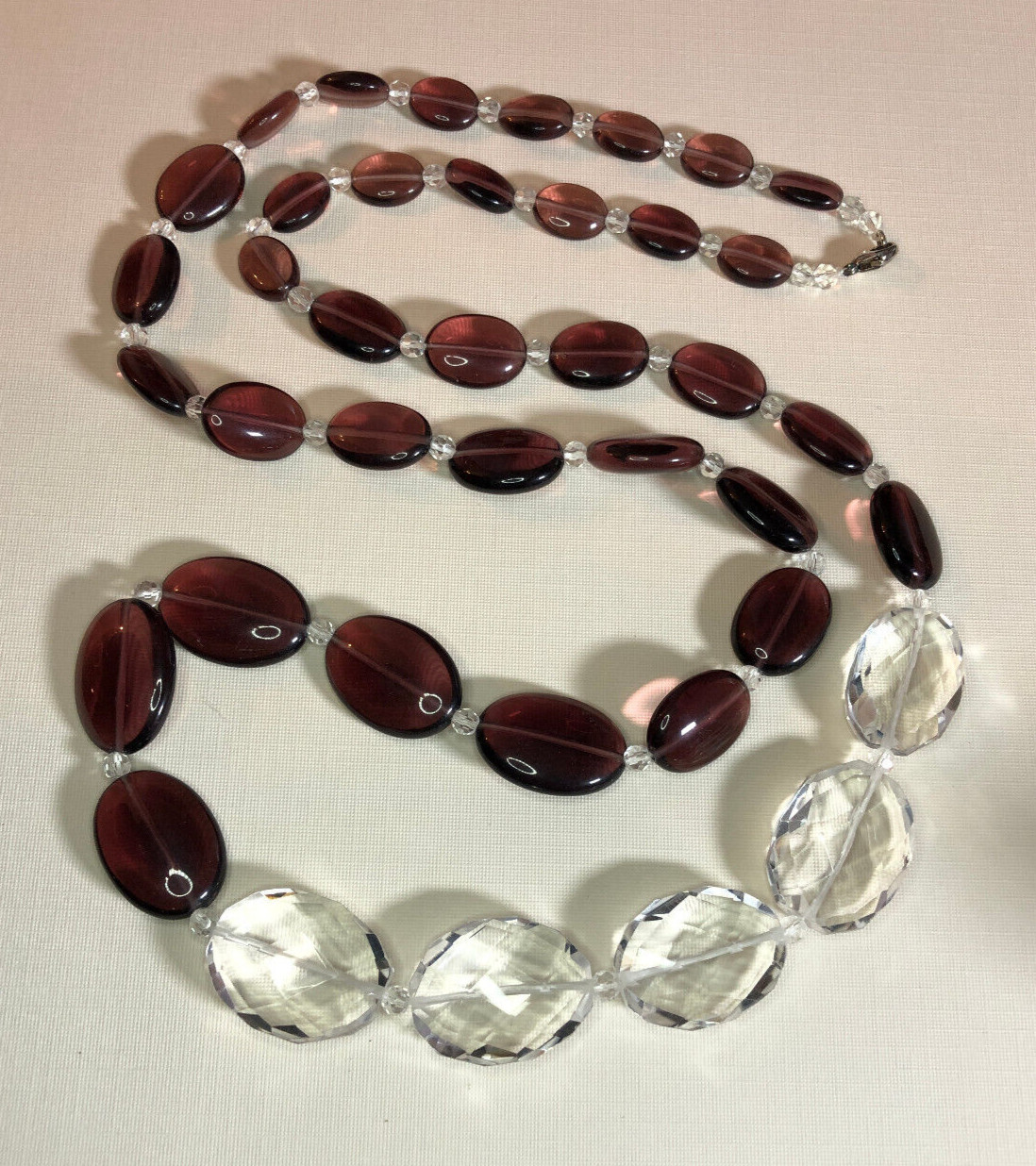 Burgundy Glass & Quartz Crystal Bead Station Necklace Sterling Silver 925 5393