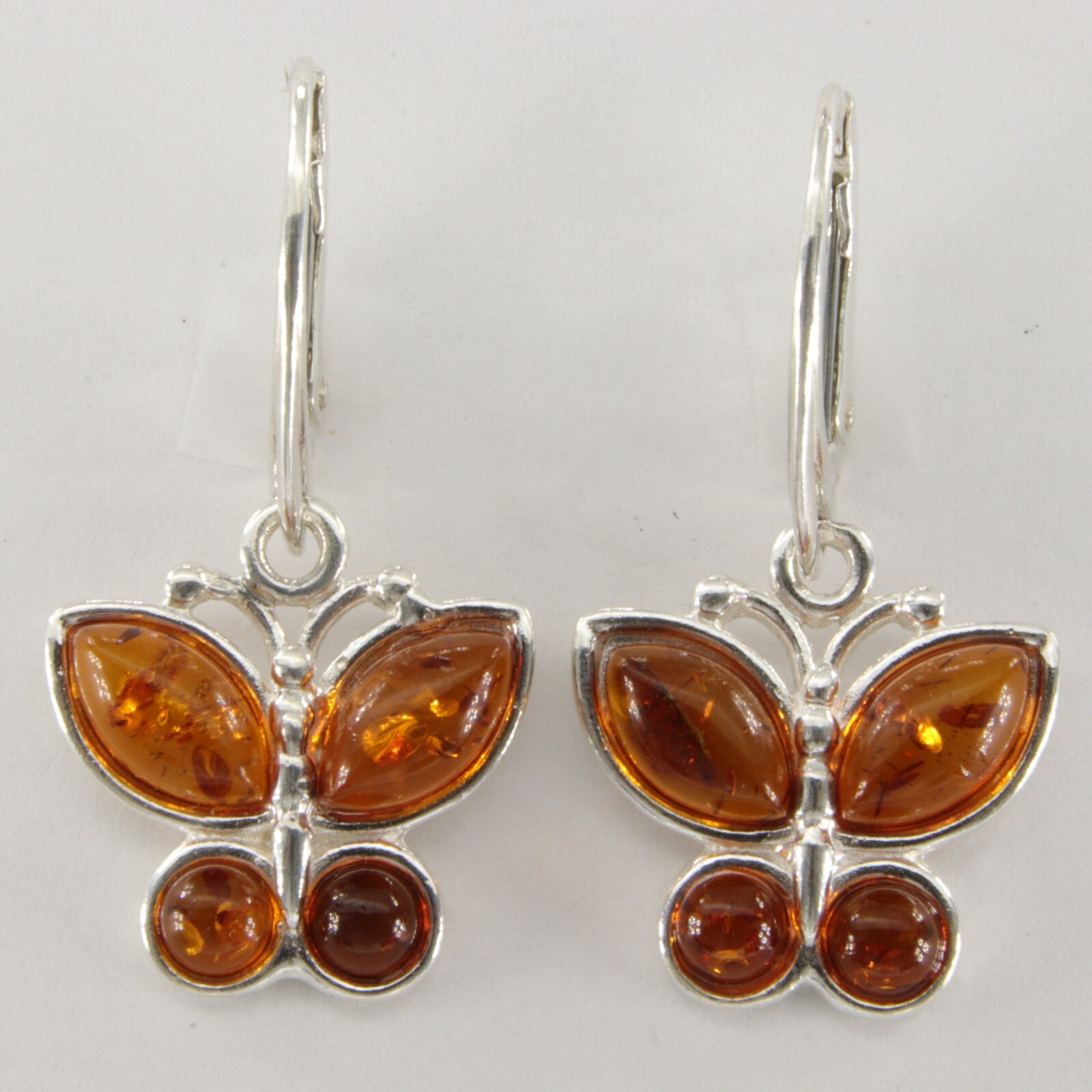 Cognac Brown BALTIC AMBER Butterfly Leveback Earrings 925 STERLING SILVER #5528e