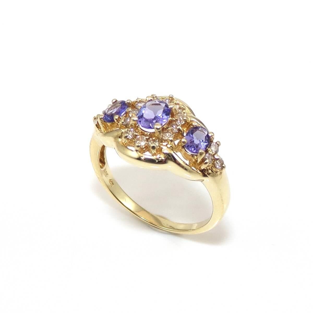 14K Yellow Gold Purple Tanzanite Diamond Three Stone Halo Ring Size 7.25