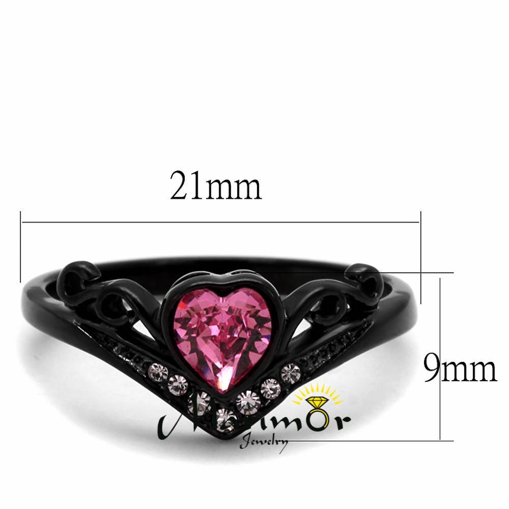 Women’s Round Cut Pink Crystal Black Stainless Steel Heart Fashion Ring Sz 5-10