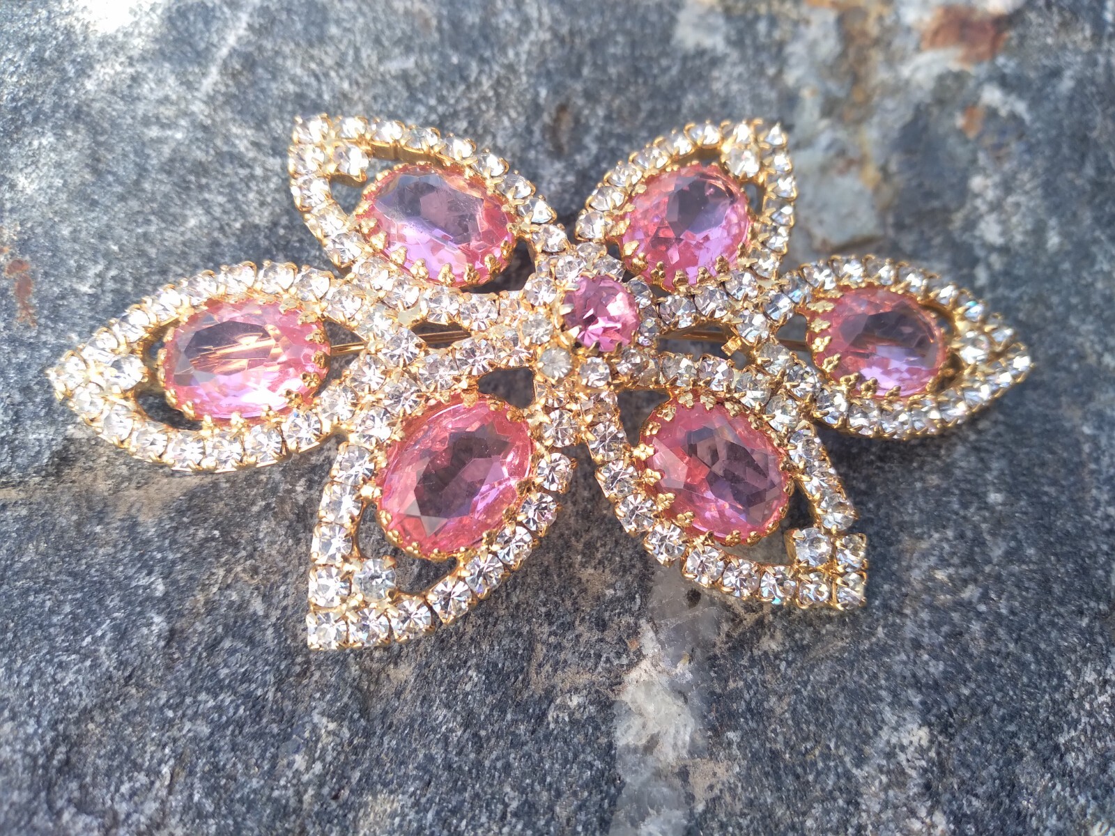 Sparkly Pink Rhinestone Brooch Gold Tone Statement 3.75 in Vintage