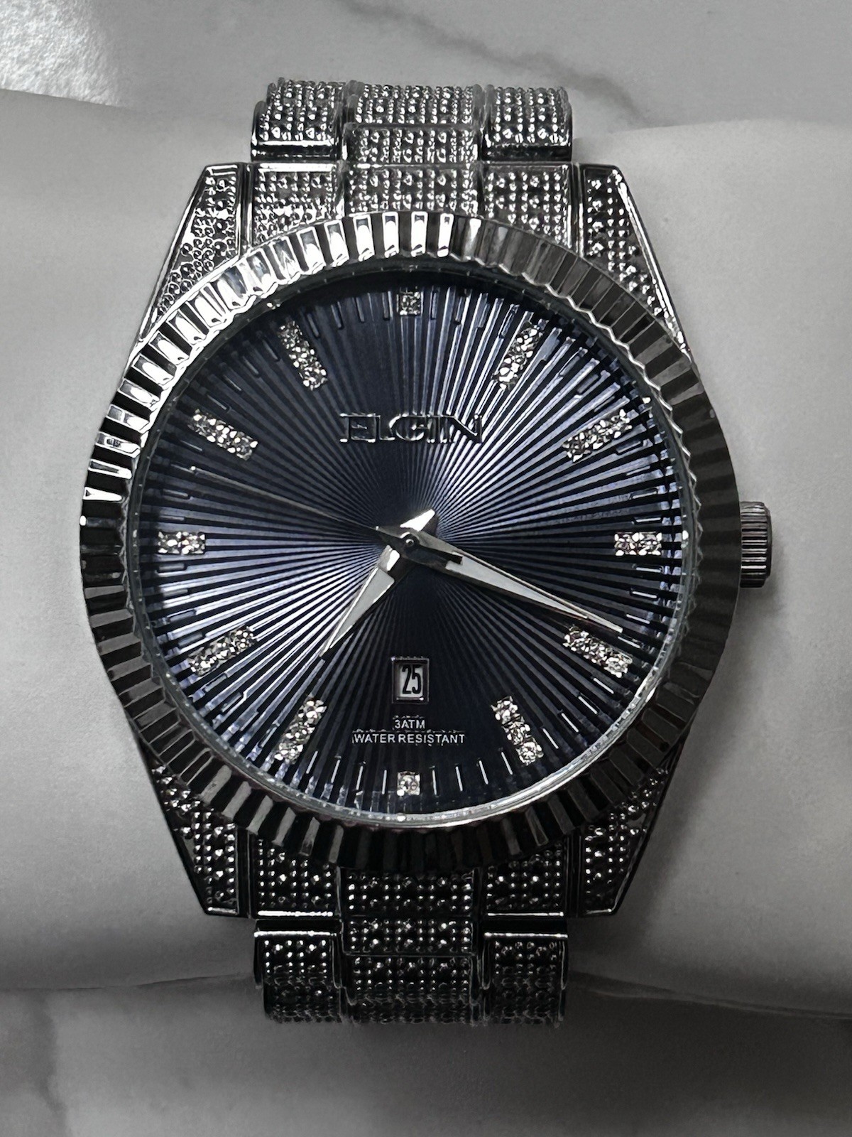 Elgin Men’s Quartz 44mm Black Dial Diamond Markers Date SS Bracelet 30m