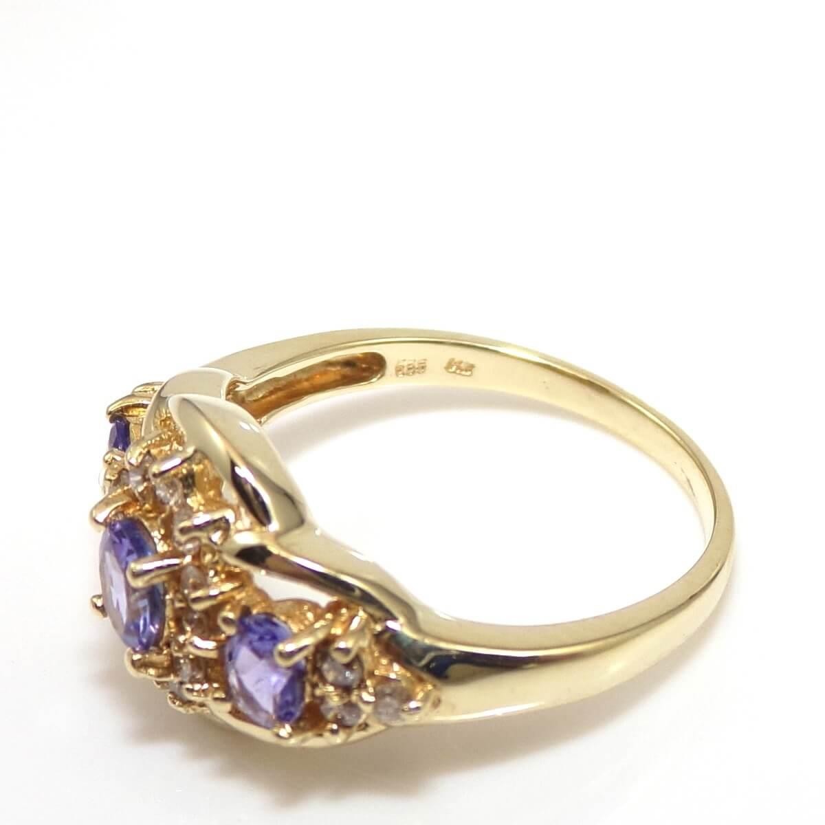14K Yellow Gold Purple Tanzanite Diamond Three Stone Halo Ring Size 7.25