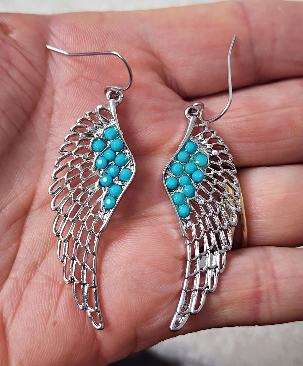 Silver Tone Angel Wing Dangle Earrings Turquoise Beads Boho