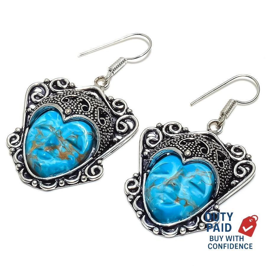 Genuine Copper Larimar Channel Set Birthday Drop Hook Earrings Sterling Silver