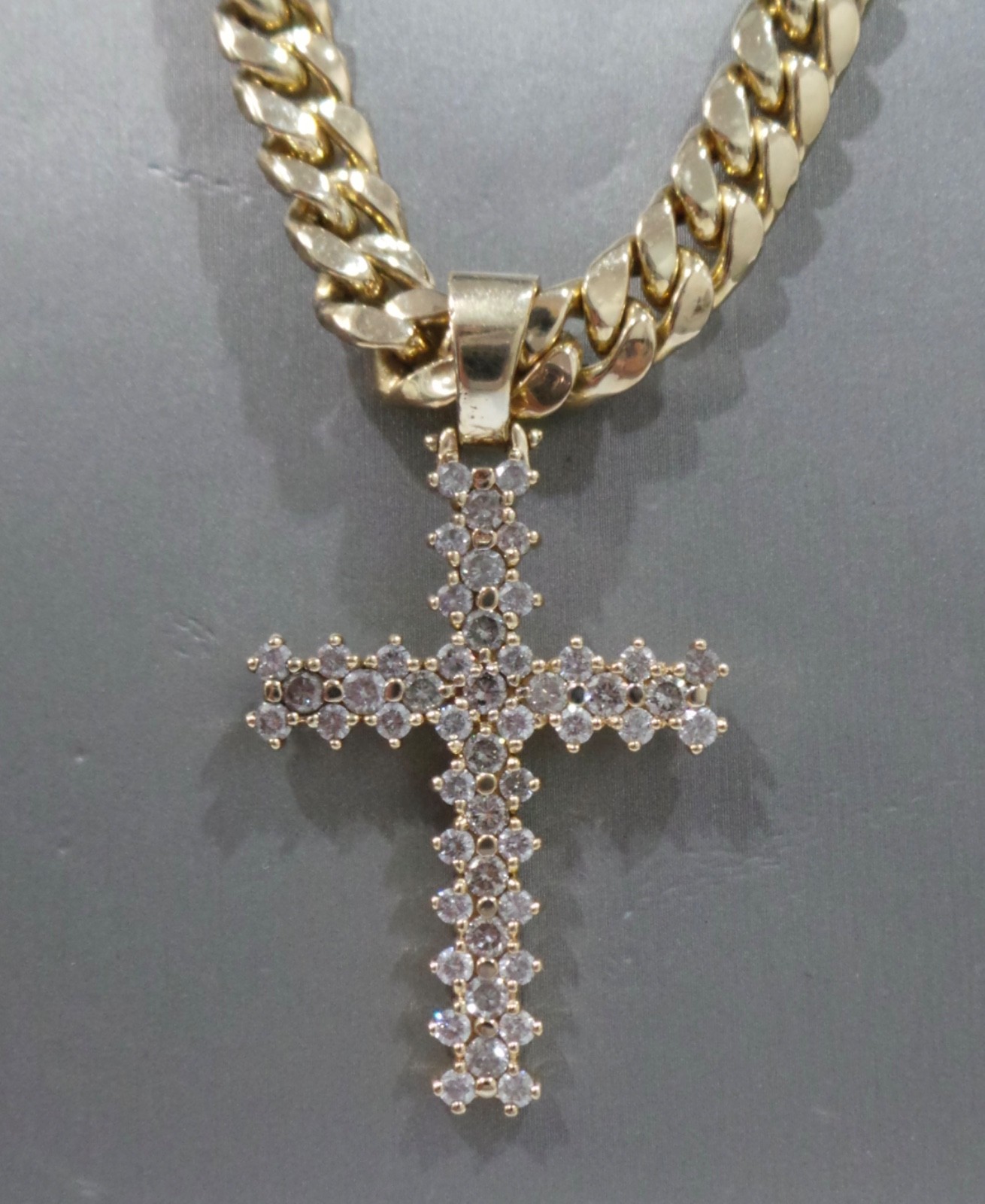 14k Yellow Gold 24″ Cuban Curb Link Necklace 45.4g 7.8mm & Diamond Cross Pendant