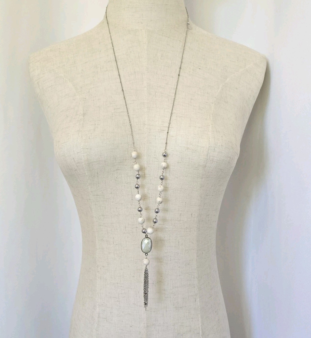 AMJ 34″ Beaded Tassel Necklace Faceted Crystal Pendant Silver Tone Long