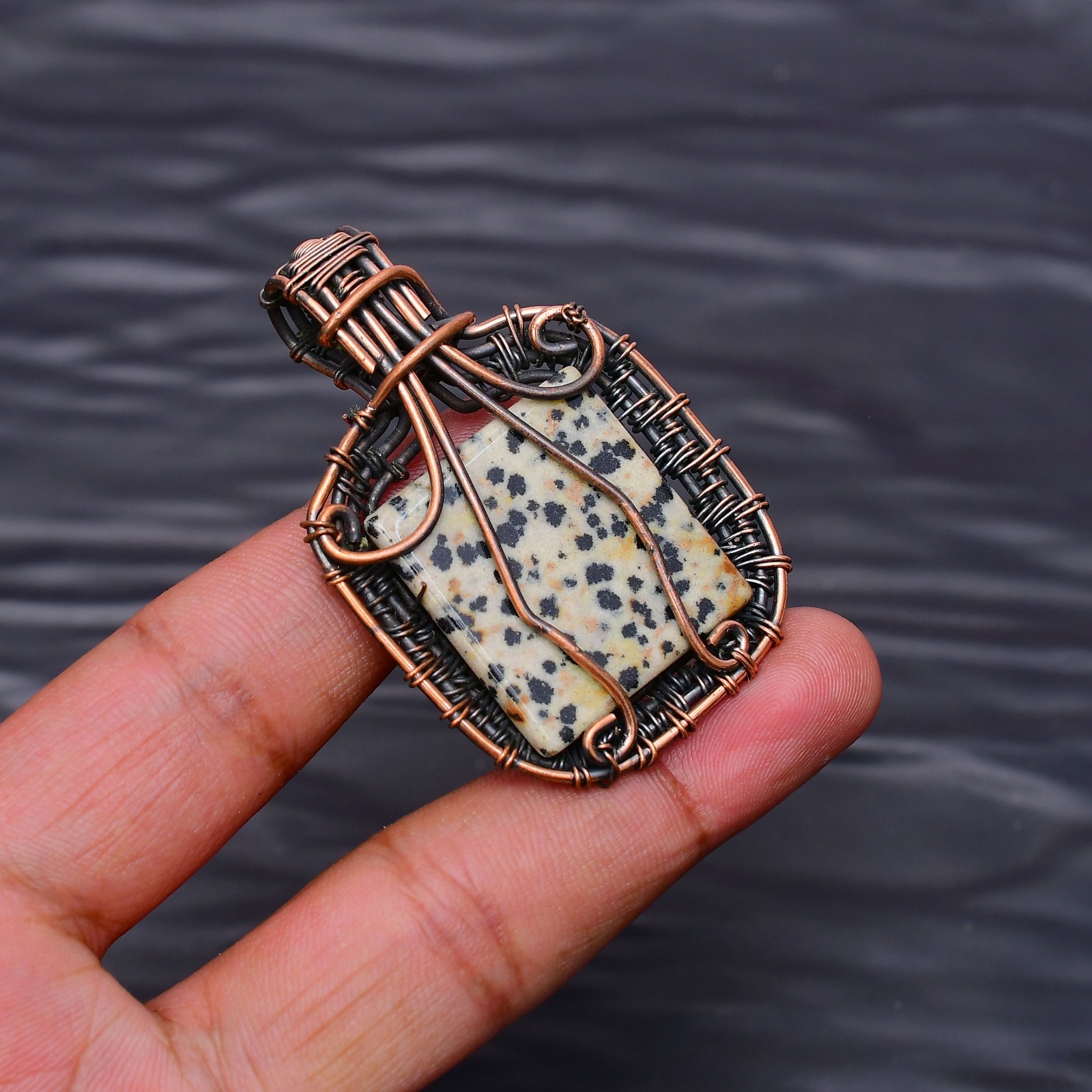 Dalmatian Jasper Gemstone copper wire wrapped Handmade pendant Jewelry 1.96″