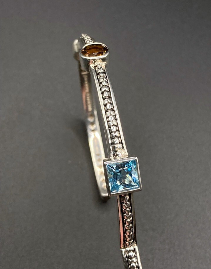 Michael Dawkins Pebbled Sterling Smoky & Blue Topaz MOP Hinged Bangle 22.4g