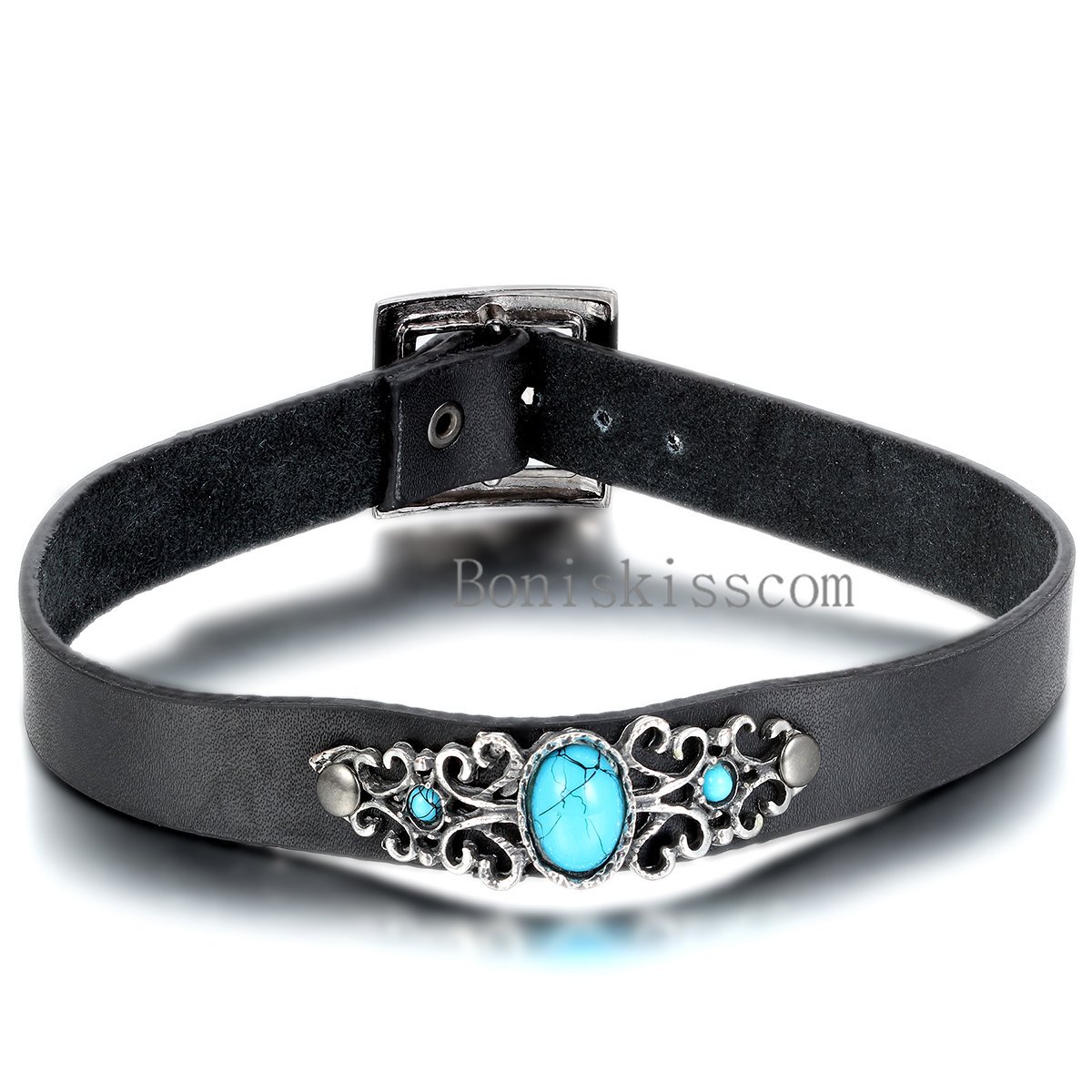 Retro Black Leather Choker Mens Womens Unisex Necklace w Manmade Turquoise Charm