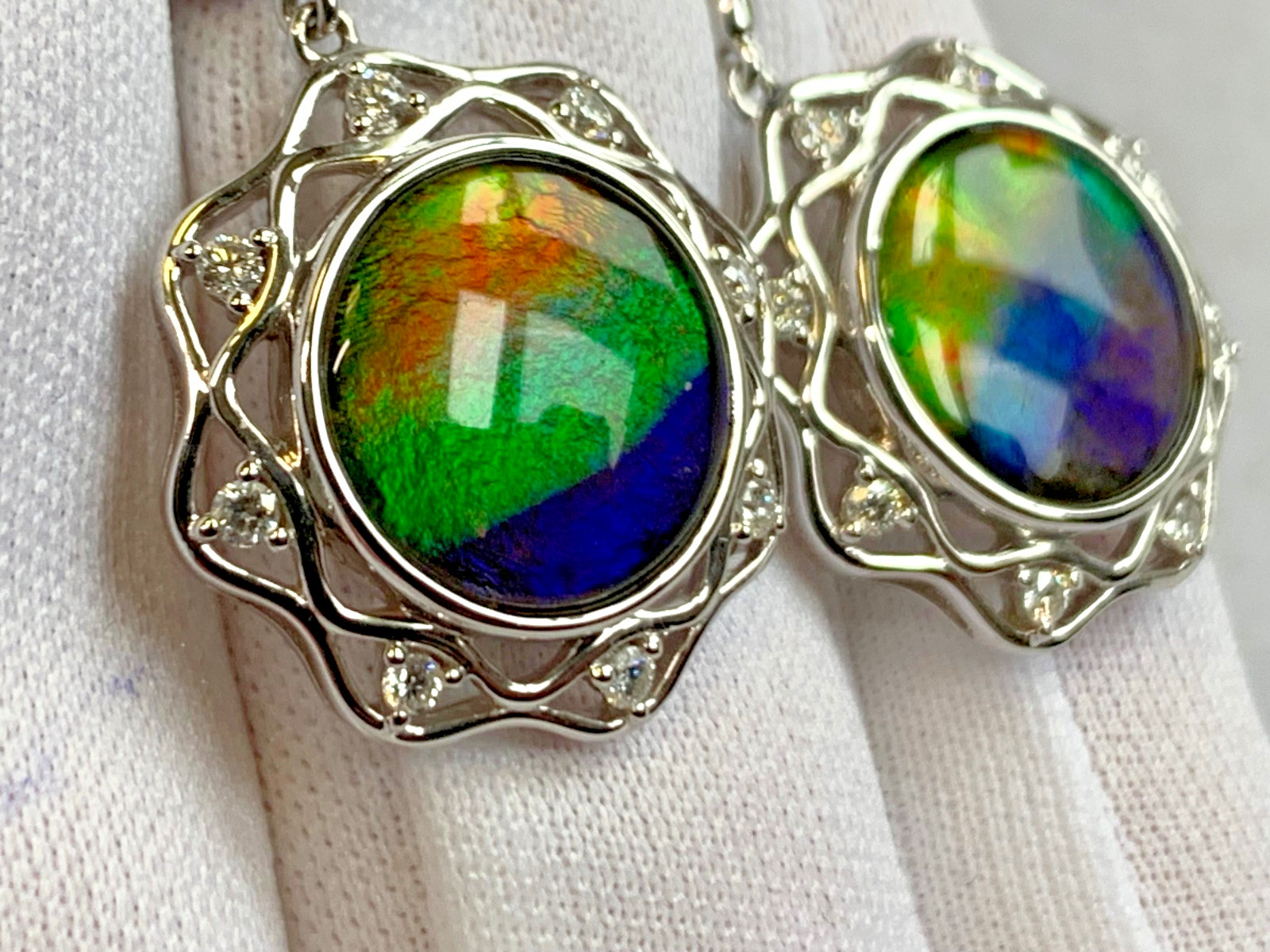 14K White Gold Iridescent Ammolite Earrings 9.54g Jewelry Clear Stones *READ*