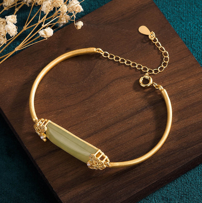 Green Jade Bangle Jade Charm Bracelet 18K Gold Plated Chain Dainty Gemstone