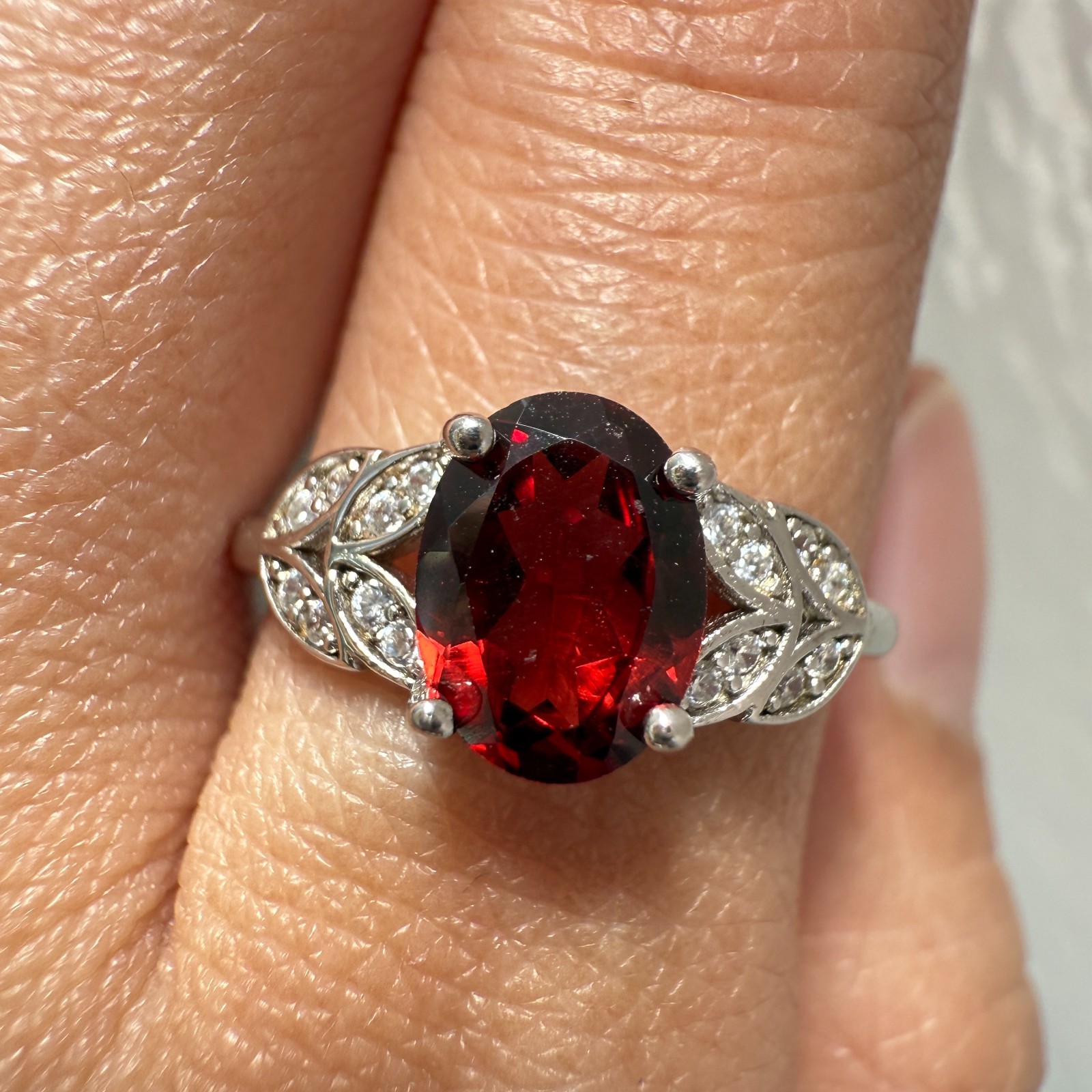 925 Sterling Silver Ring 8x6mm Natural Rhodolite Garnet Gemstone Zircon Flower
