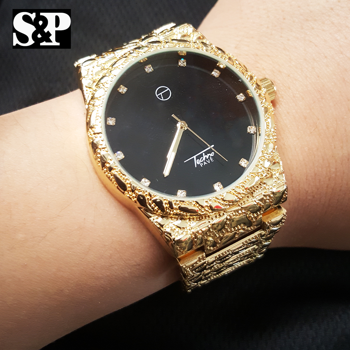 New Mens Luxury Urban Hip Hop Golden Nugget Bling Black Dial Wrist Dress Watch