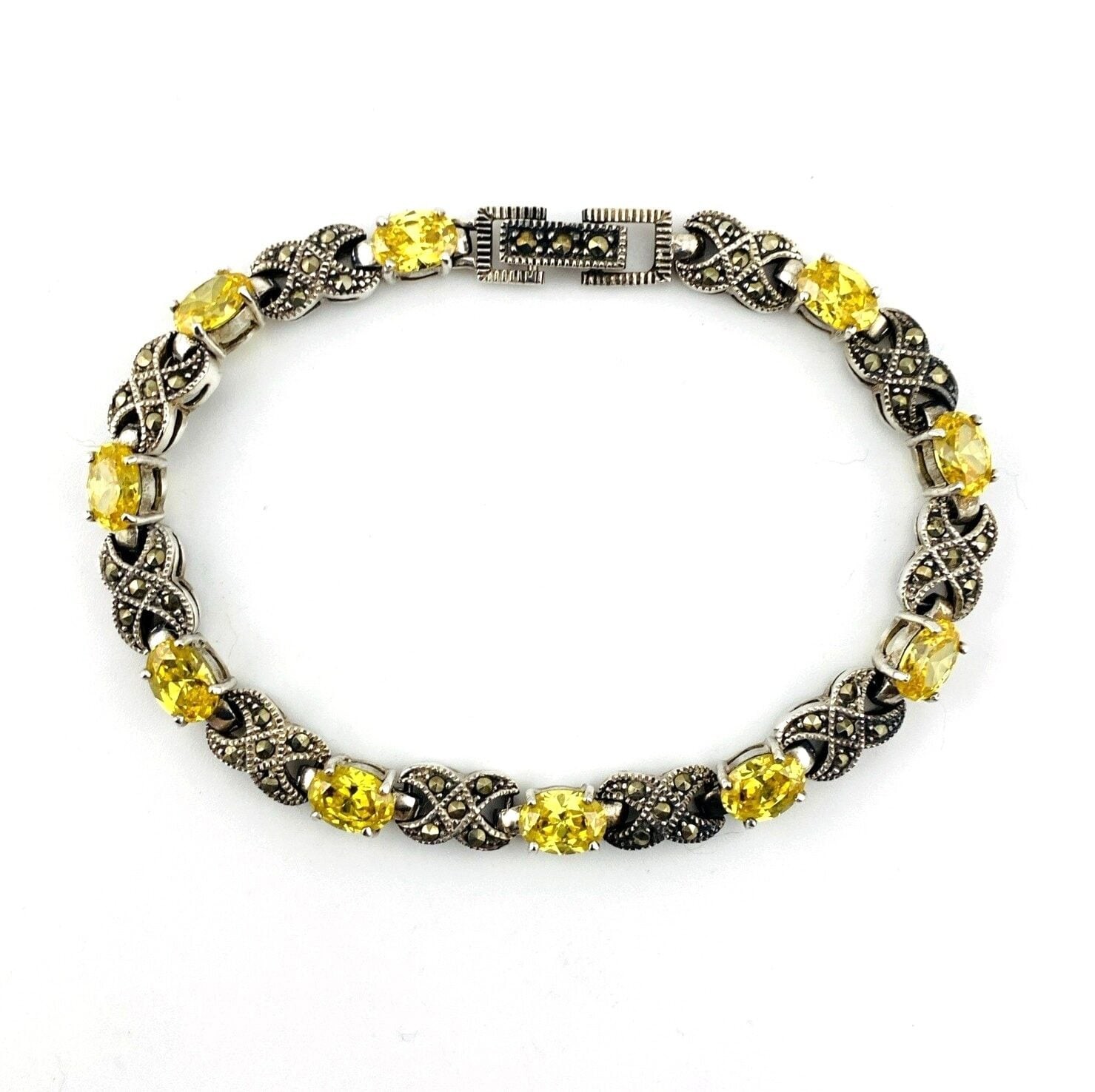 Canary Yellow CZ Marcasite Sterling Silver Link Bracelet Vintage 7.25 in