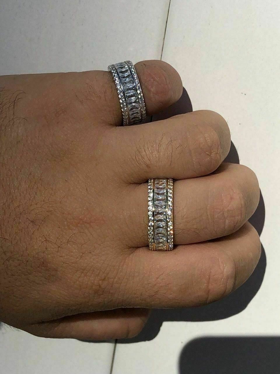 Anillo De PLATA 925 Maciza Con Diamantes Baguette Simulados Bañado en Oro 14K
