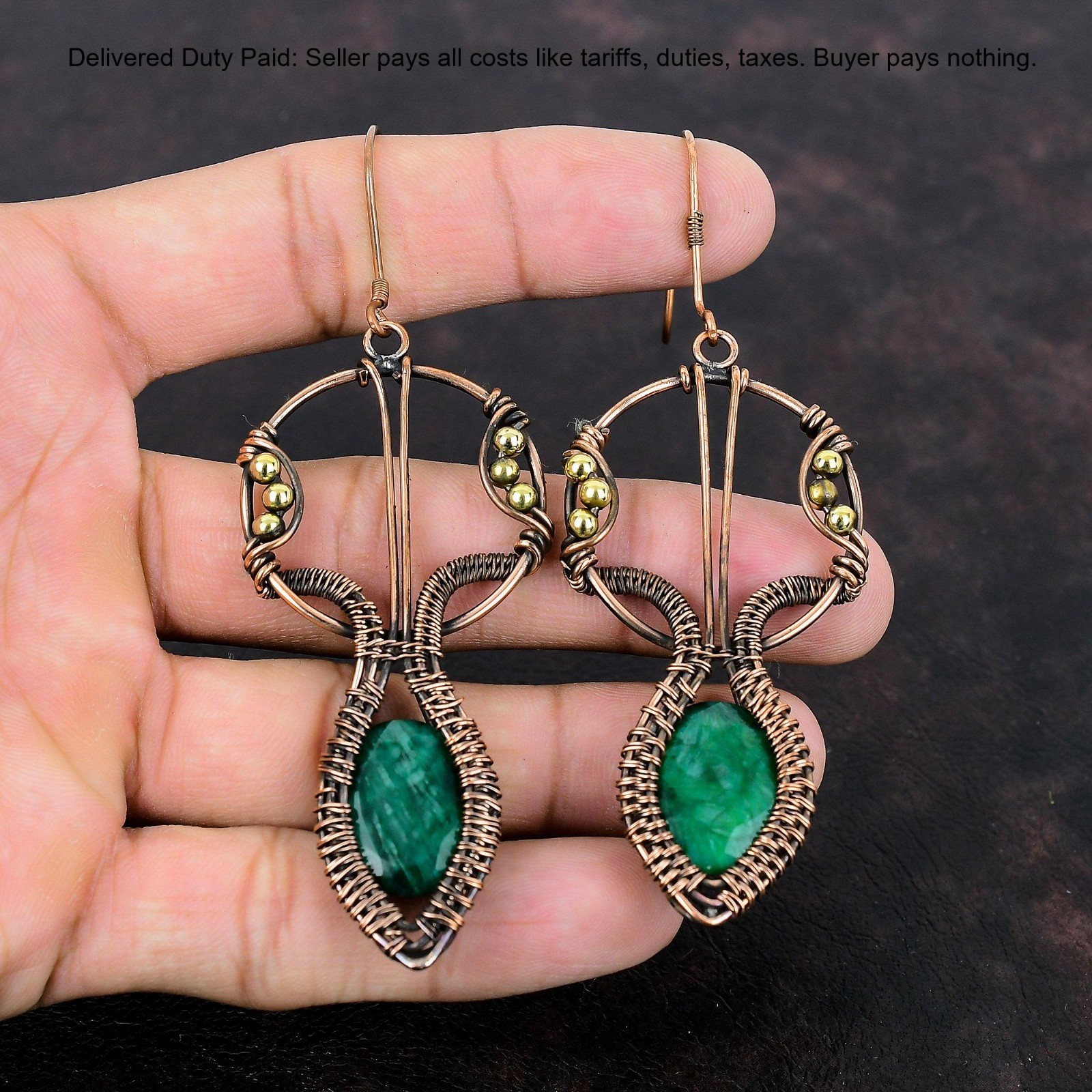 Copper Zambian Emrald Emrald Stone Wire Wrapped Mother Dangle Earrings Jewelry