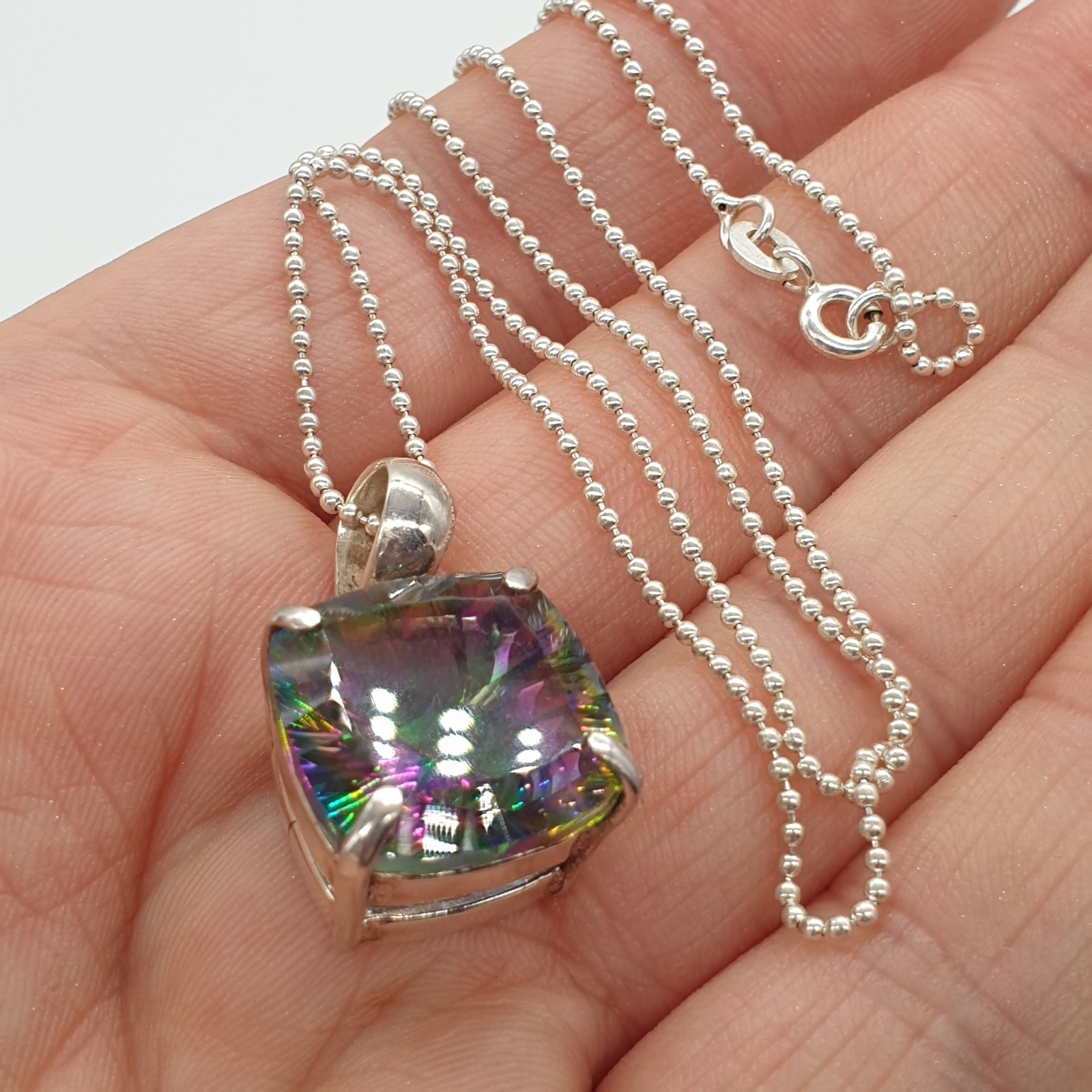 925 Sterling Silver Chain Pendant Necklace Rainbow Watermelon Crystal 45.5cm