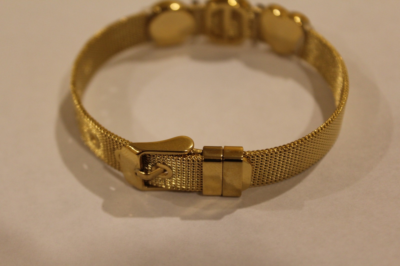 Gold Tone Stainless Steel Mesh Charm Bracelet Buckled Band with 3 charms