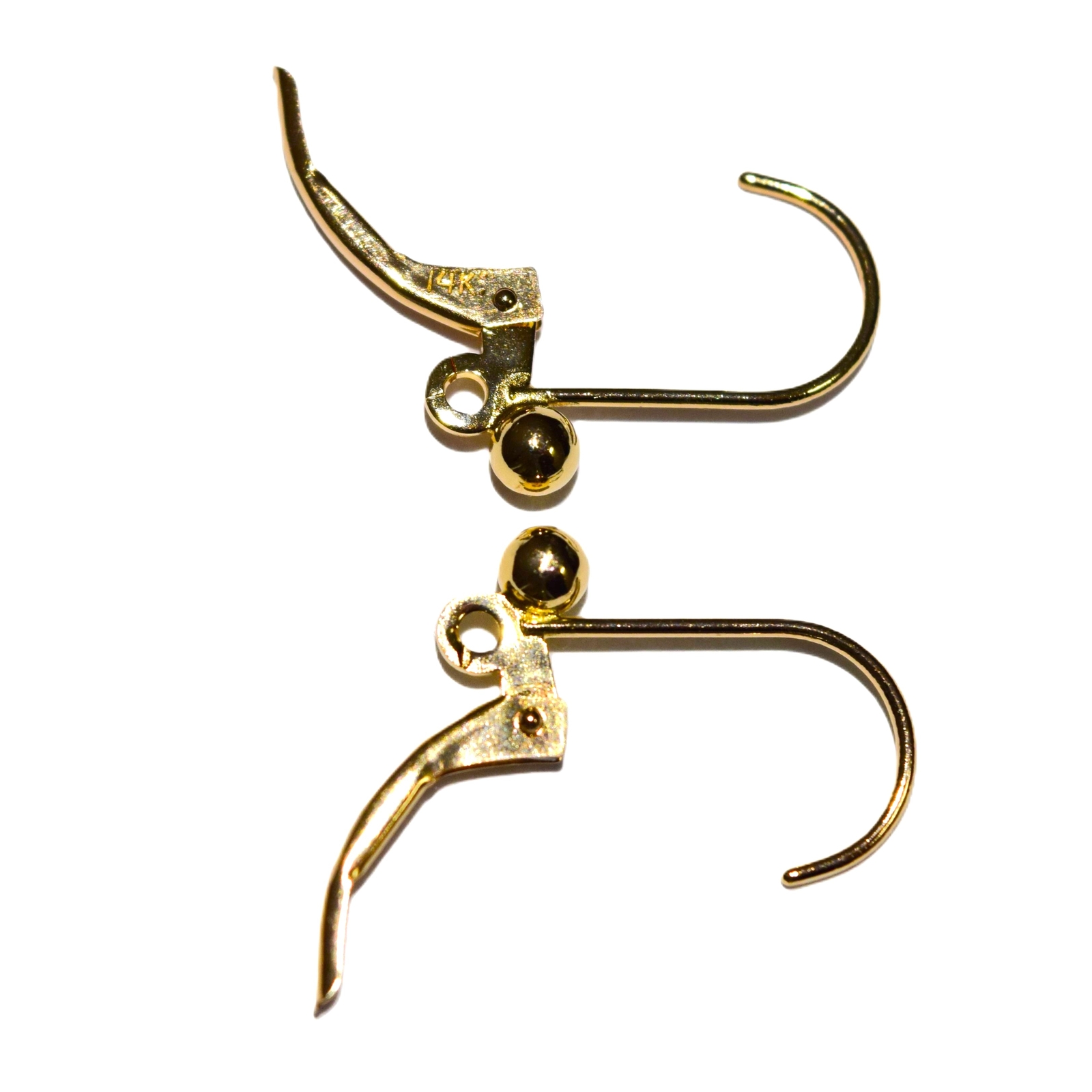 Solid 14K Yellow Gold Leverback Split Ring 3mm Ball Earring Findings 2Pcs/1Pair