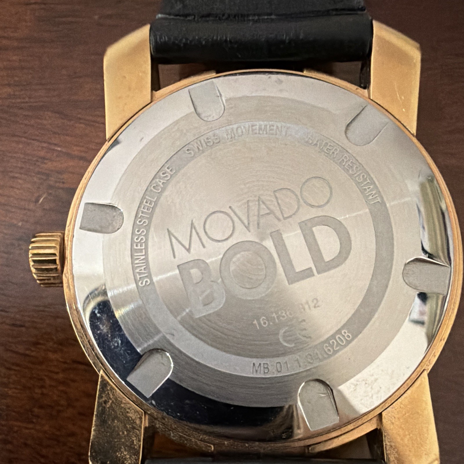 Movado Bold Men’s Quartz Swiss 41mm Black Dial Gold Case Black Leather 30m