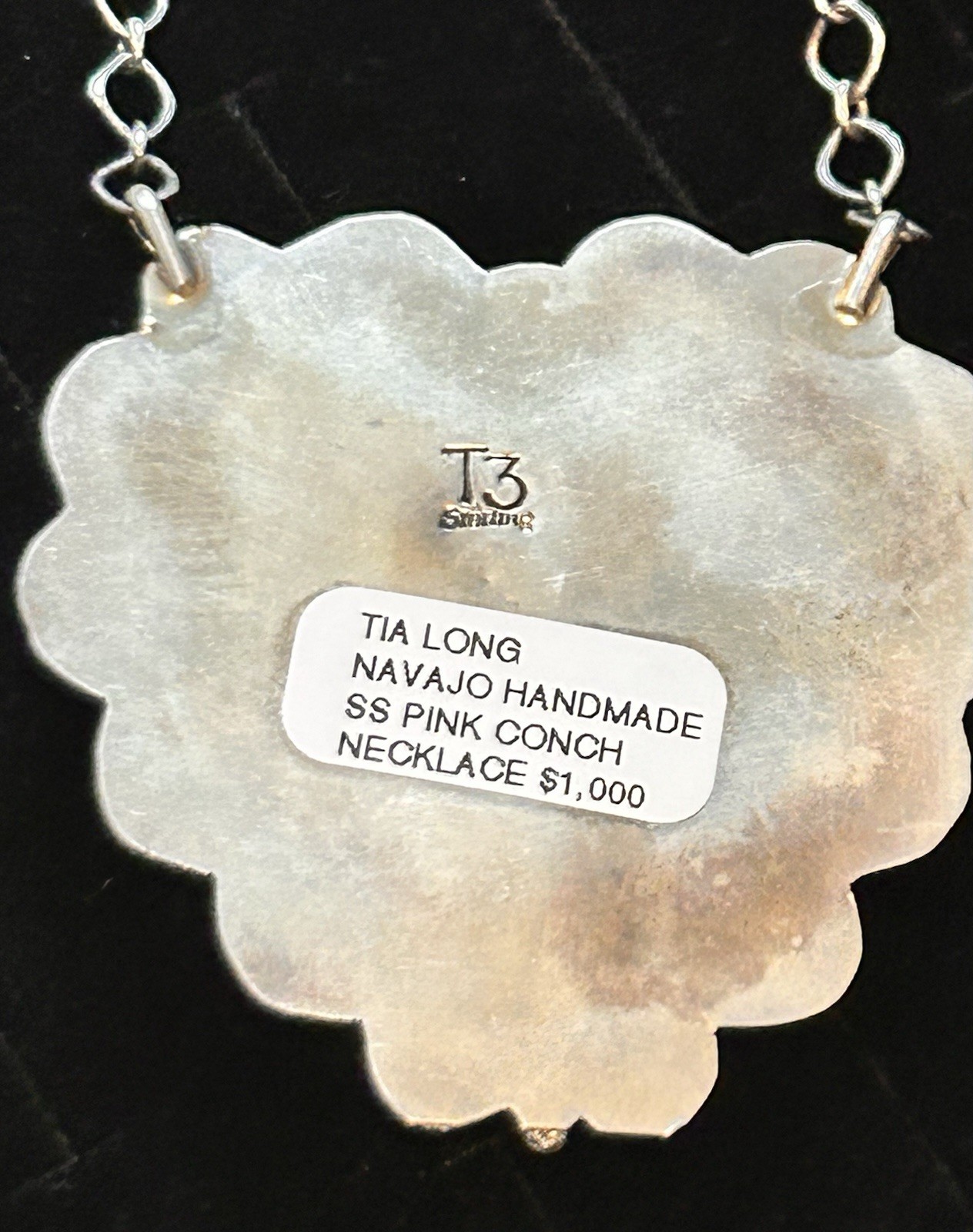 Navajo Handmade Sterling Silver & Pink Conch Heart Necklace by Artist Tia Long