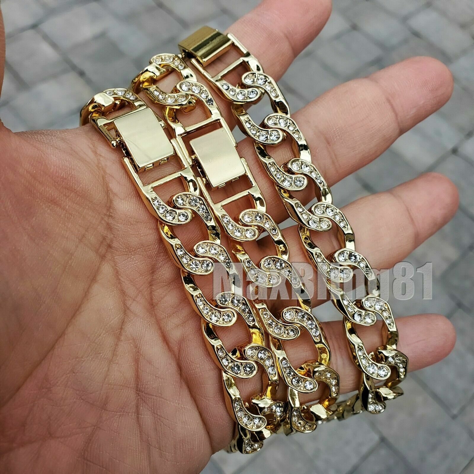 Cubic Zirconia Hip Hop Ring & Iced Gold Plated Cuban Bracelet & Necklace Set
