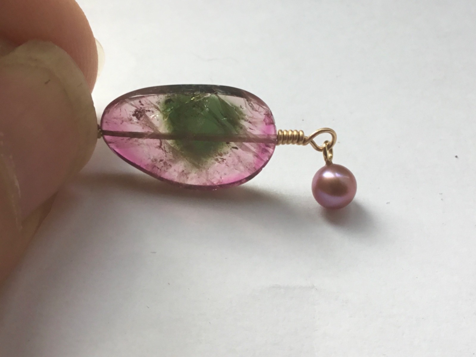 Solid 9ct gold tourmaline slice pendant 9k 375