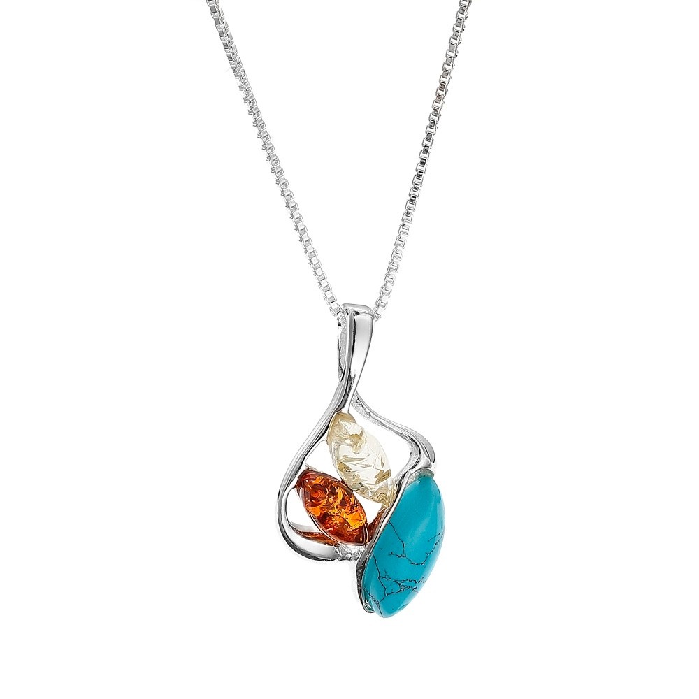 Multicolor Baltic Amber & Turquoise Pendant on Silver Chain