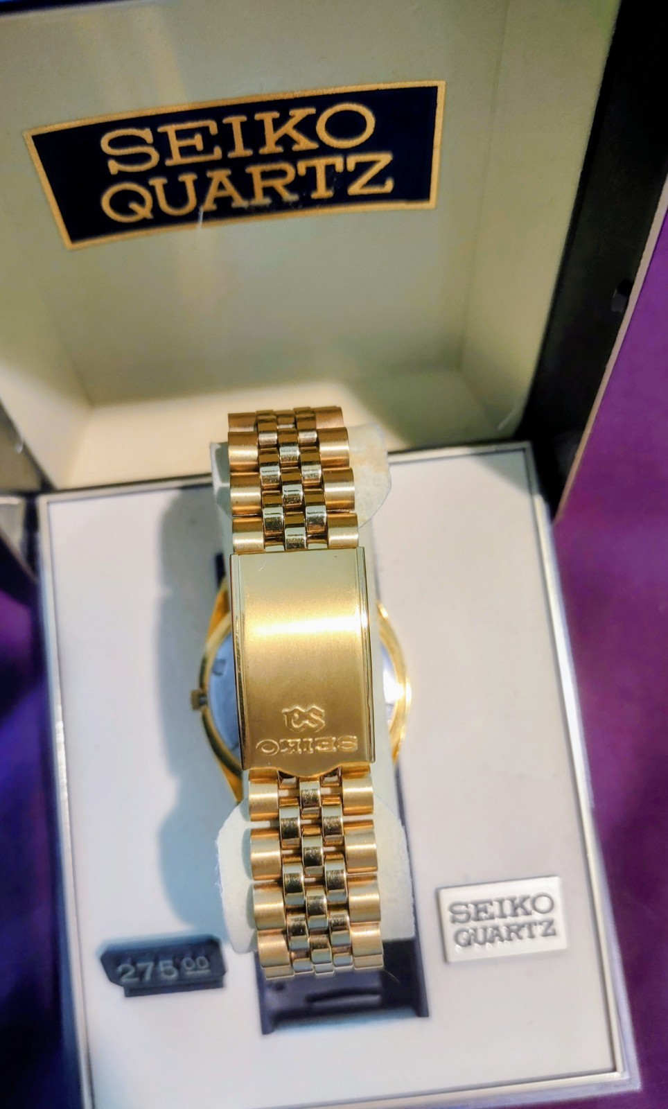 Seiko SQ Quartz Men’s Day-Date Black Dial Gold Tone Bracelet Watch w/ Box