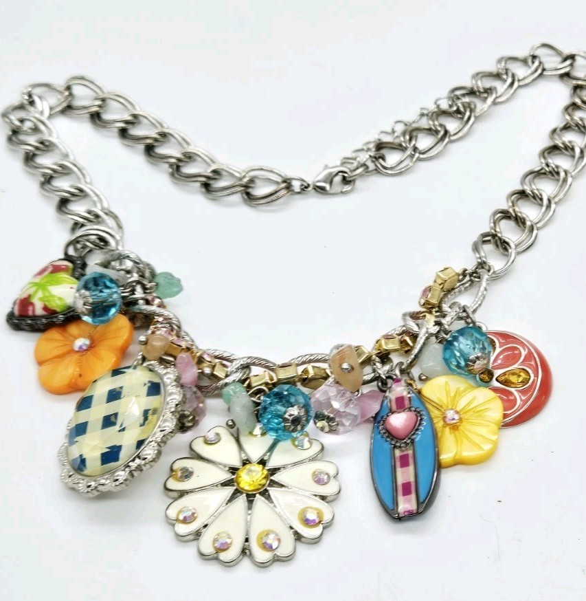 Surfboard Flower Charm Necklace MultiColor Beaded Colorful Wrap 17 in