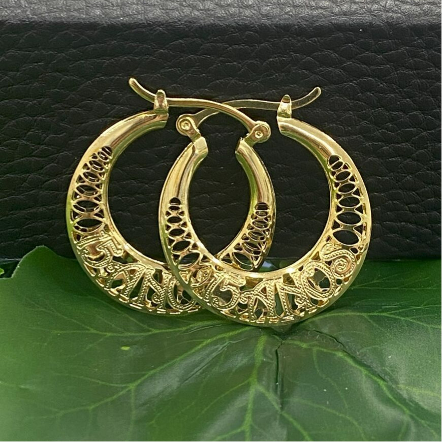 Aretes de Quinceañera pra Mujer Sweet 15 Hoop Earrings 29x29mm Gold Filled Women
