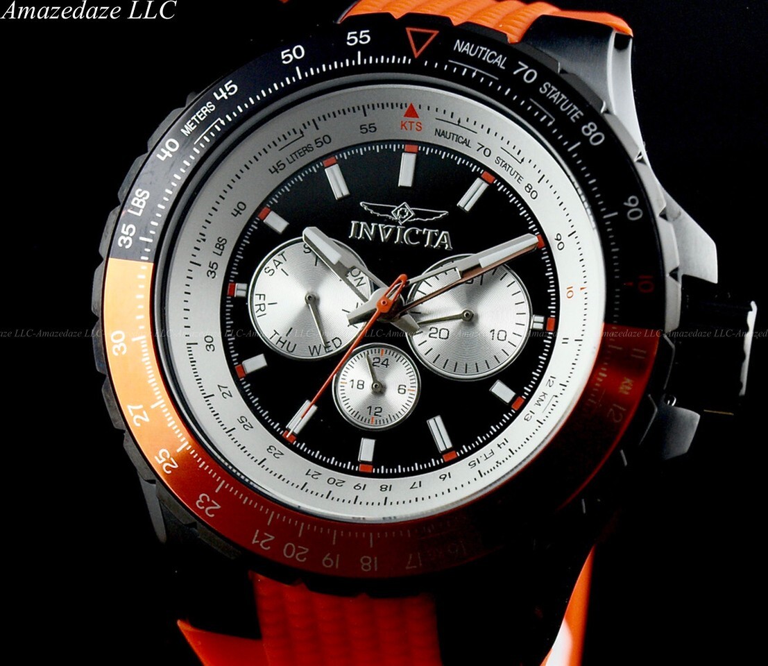 NEW Invicta Men’s 50mm Aviator Stainless Steel Tachymeter BLACK DIAL Watch !!