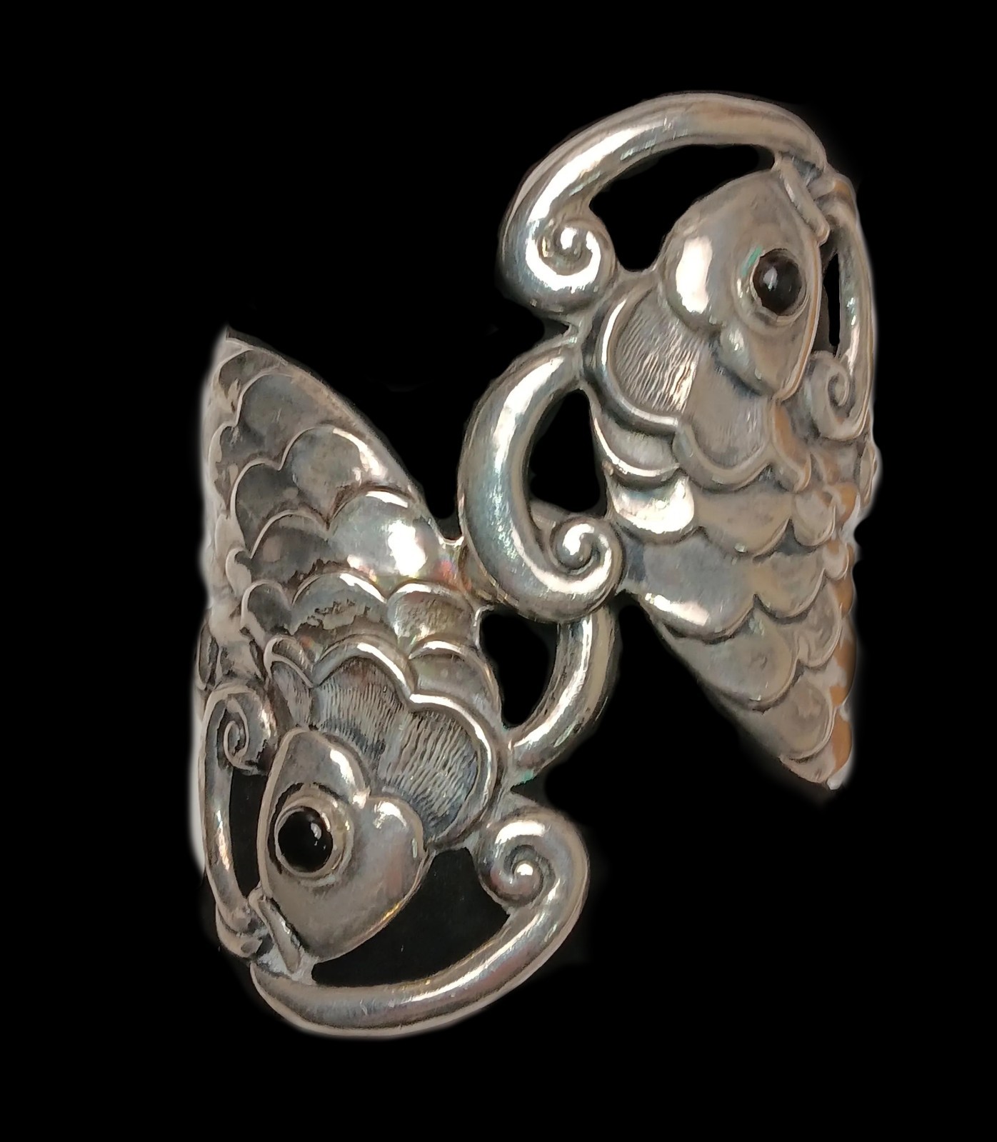 Vintage Taxco Villasana Sterling Silver Hinged Koi Fish Clamper Cuff Bracelet